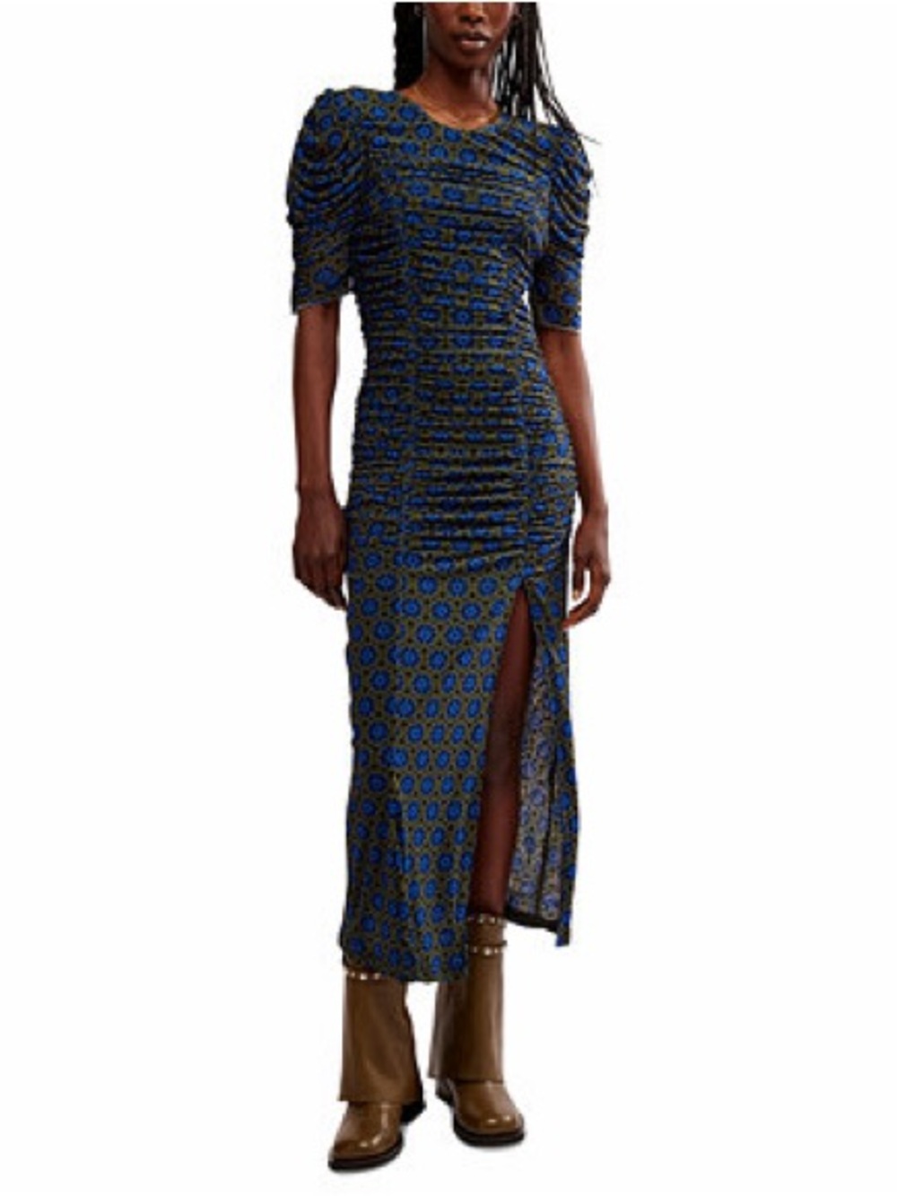 Free People Brielle Olive Blue Floral Ruched Mesh Midi Dress Sz XS NWT